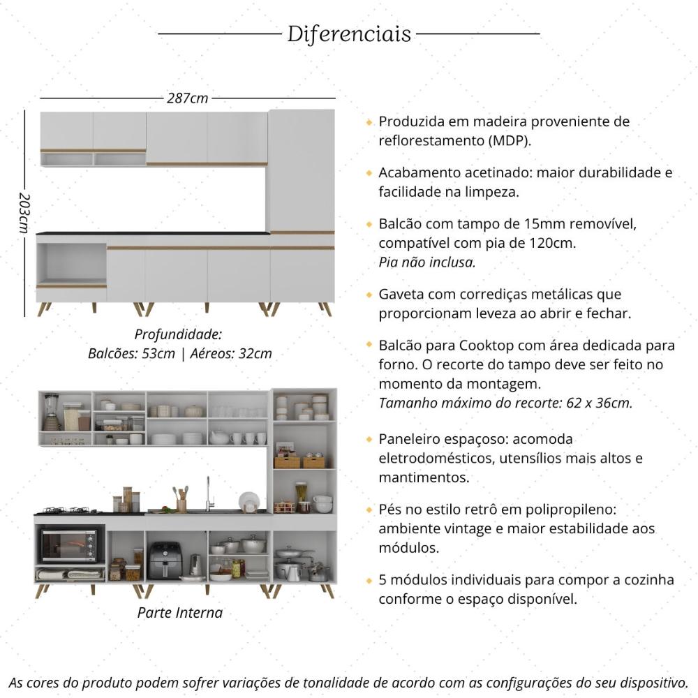 Cozinha Modulada Completa Compacta 5 Pçs com Balcão para Cooktop Veneza Multimóveis MP2270 Branco/Dourado