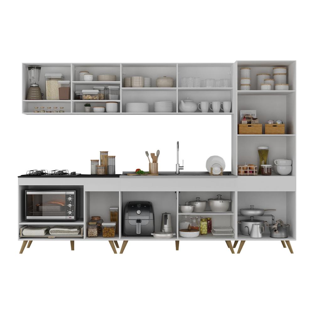 Cozinha Modulada Completa Compacta 5 Pçs com Balcão para Cooktop Veneza Multimóveis MP2270 Branco/Dourado