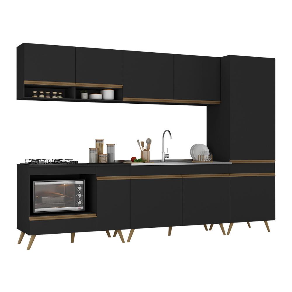 Cozinha Modulada Completa Compacta 5 Pçs com Balcão para Cooktop Veneza Multimóveis MP2270 Preto/Dourado