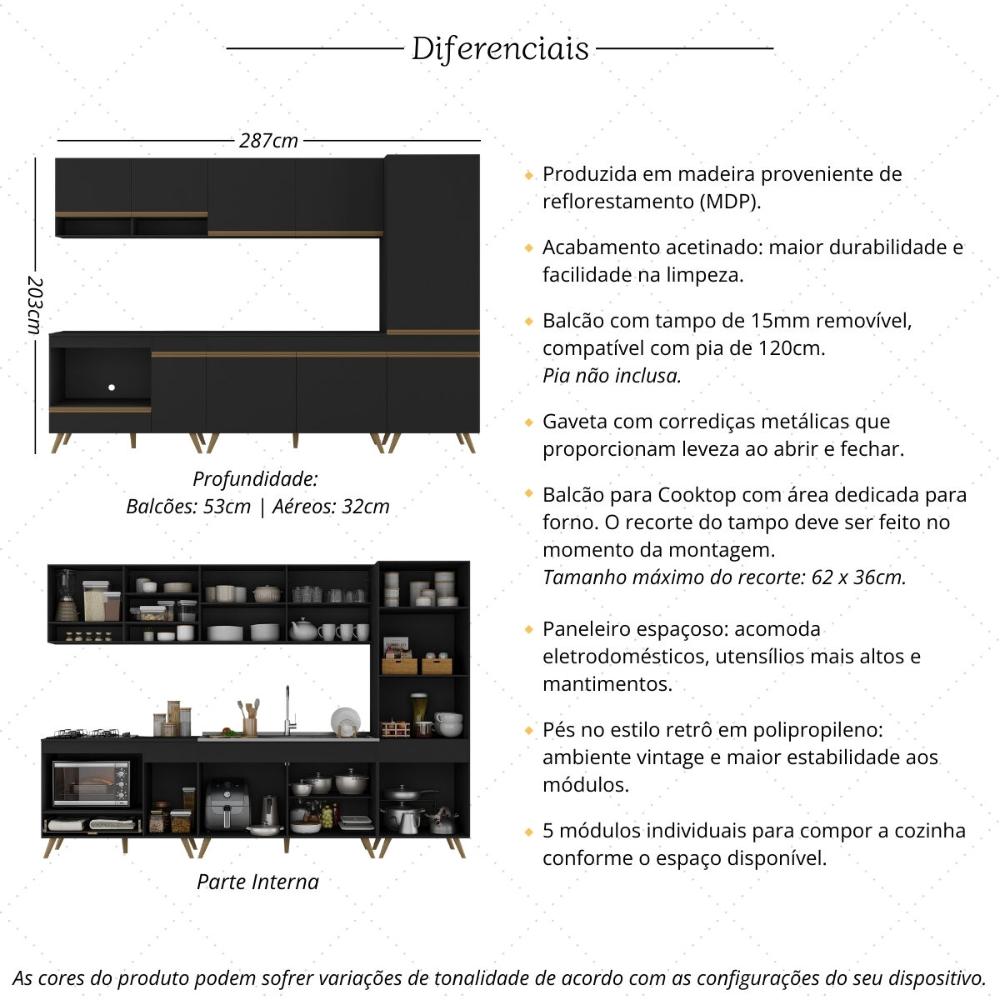Cozinha Modulada Completa Compacta 5 Pçs com Balcão para Cooktop Veneza Multimóveis MP2270 Preto/Dourado