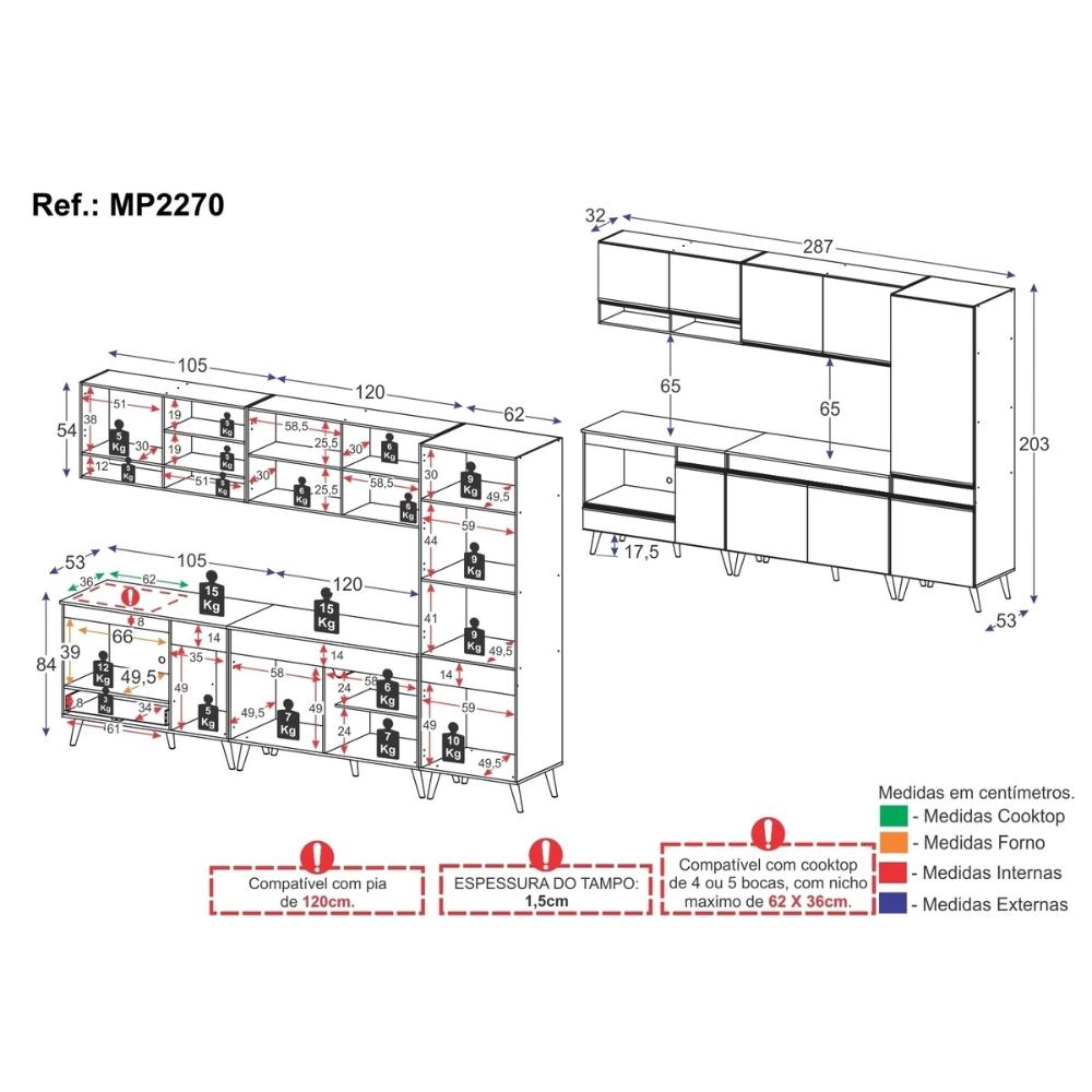 Cozinha Modulada Completa Compacta 5 Pçs com Balcão para Cooktop Veneza Multimóveis MP2270 Preto/Dourado