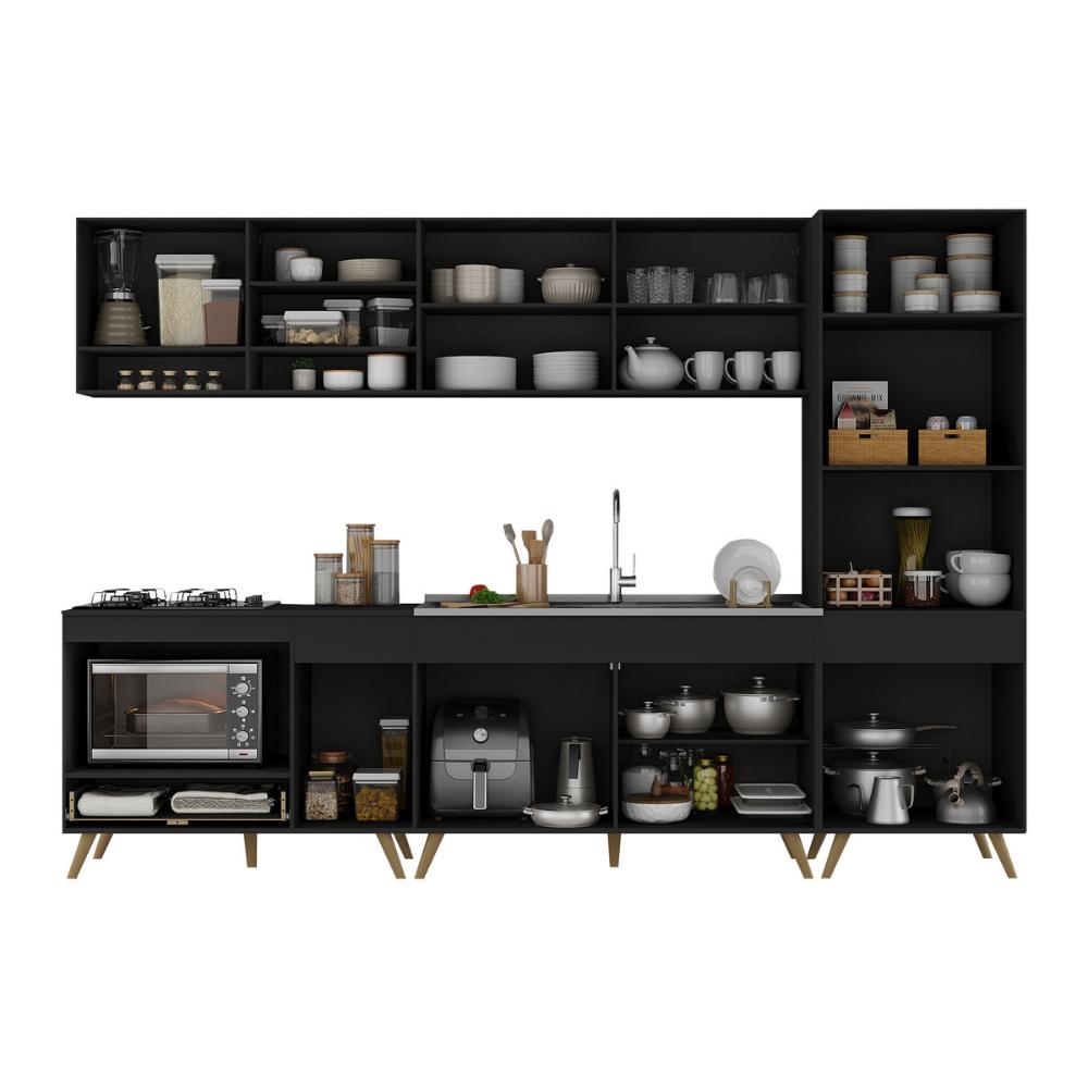 Cozinha Modulada Completa Compacta 5 Pçs com Balcão para Cooktop Veneza Multimóveis MP2270 Preto/Dourado