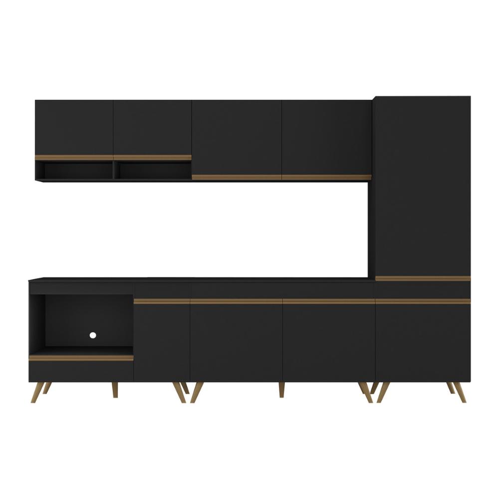 Cozinha Modulada Completa Compacta 5 Pçs com Balcão para Cooktop Veneza Multimóveis MP2270 Preto/Dourado