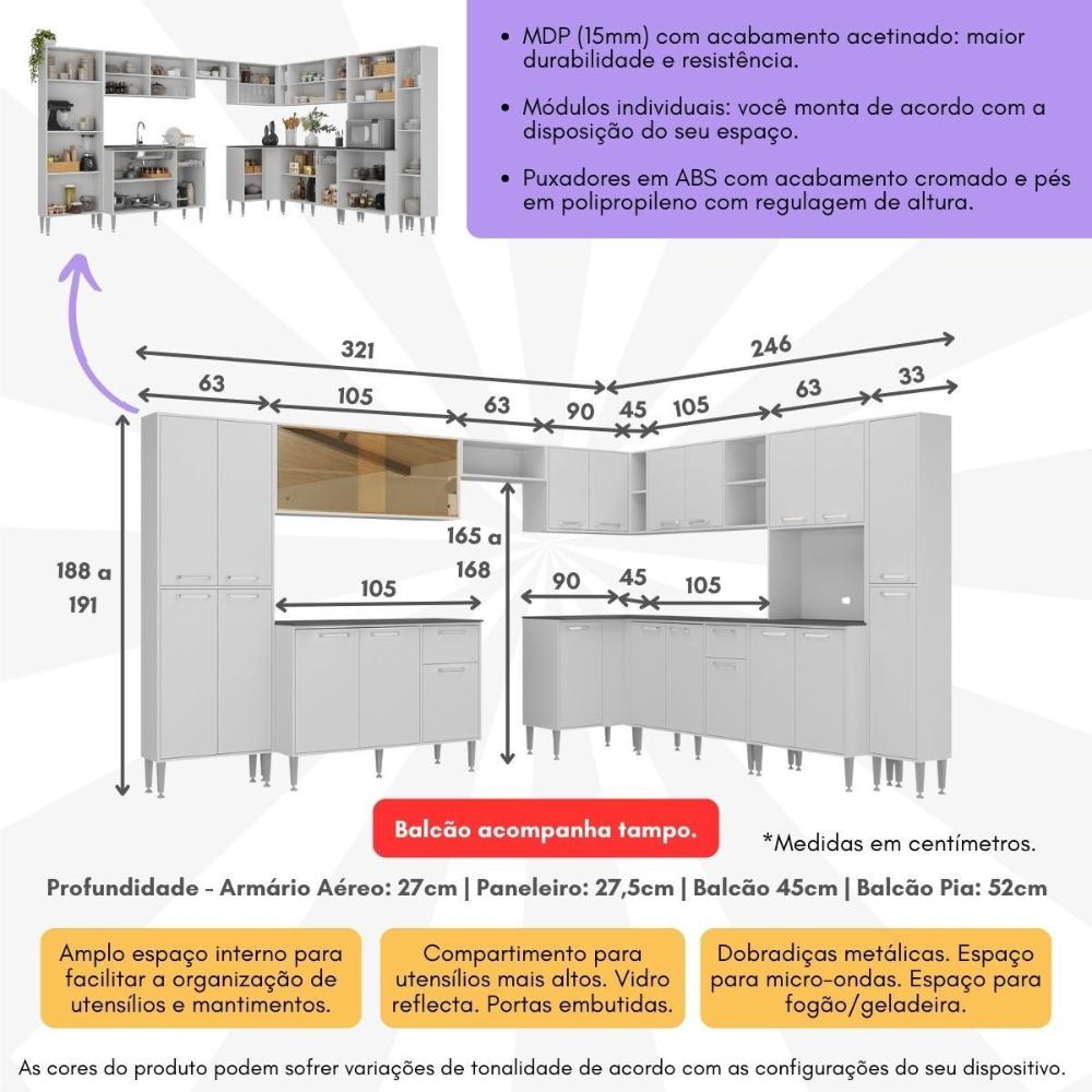 Cozinha Modulada Completa com Armário e Balcão 10 Pçs Siena Multimóveis MP2242 Branca