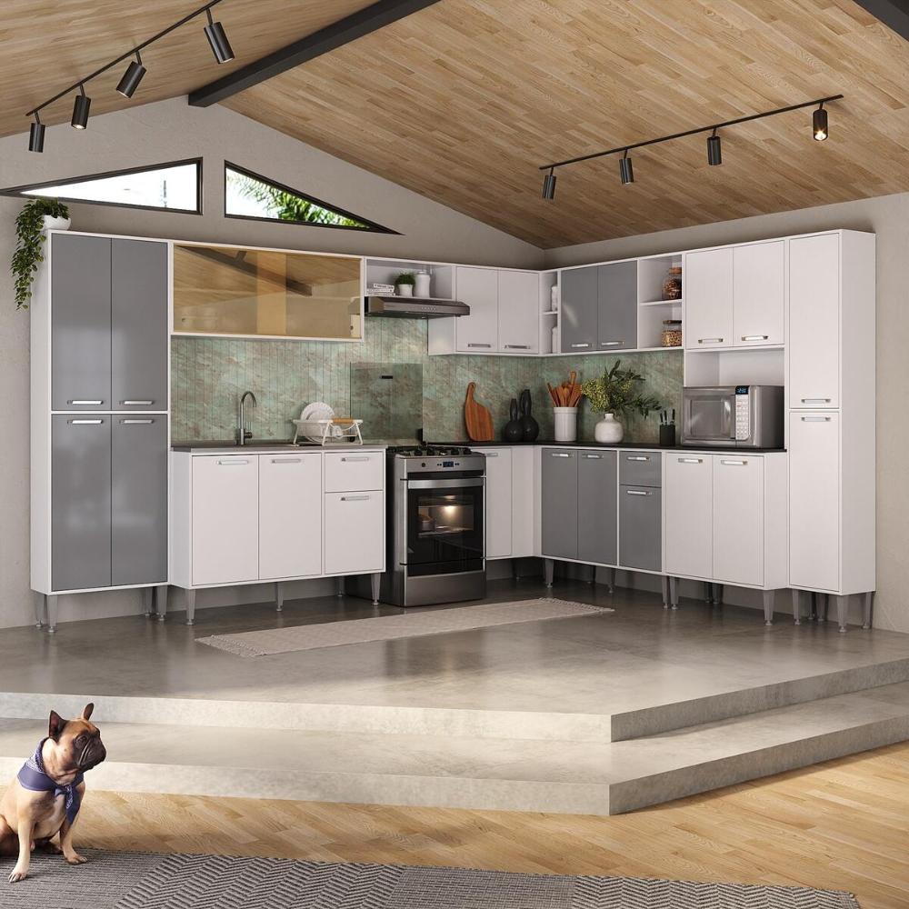 Cozinha Modulada Completa com Armário e Balcão 10 Pçs Siena Multimóveis MP2242 Branca/Lacca Fumê