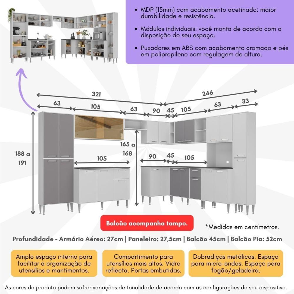 Cozinha Modulada Completa com Armário e Balcão 10 Pçs Siena Multimóveis MP2242 Branca/Lacca Fumê
