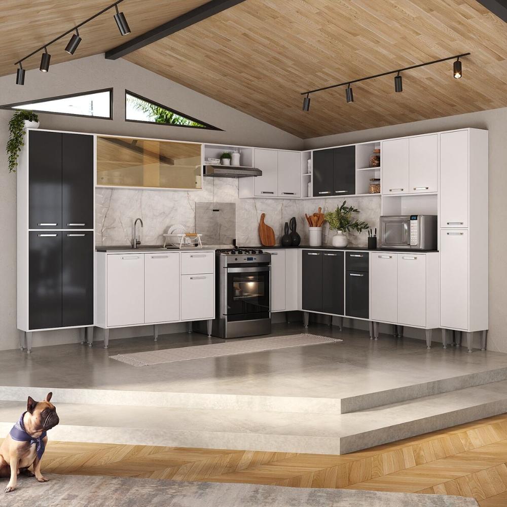 Cozinha Modulada Completa com Armário e Balcão 10 Pçs Siena Multimóveis MP2242 Branca/Preta