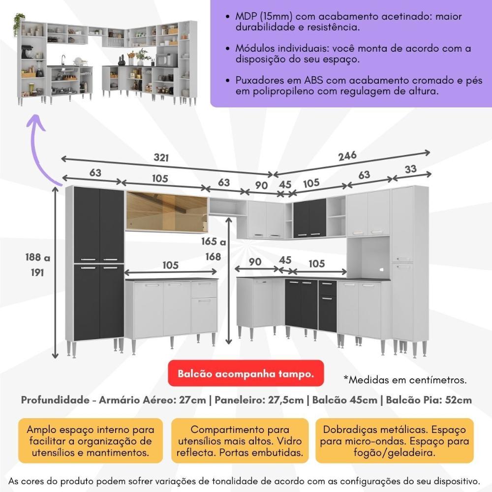 Cozinha Modulada Completa com Armário e Balcão 10 Pçs Siena Multimóveis MP2242 Branca/Preta