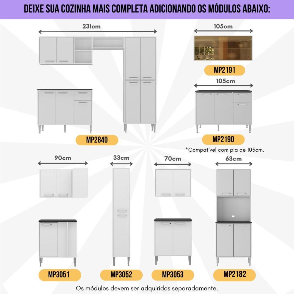 Cozinha Modulada Completa com Armário e Balcão 10 Pçs Siena Multimóveis MP2242 Branca/Preta