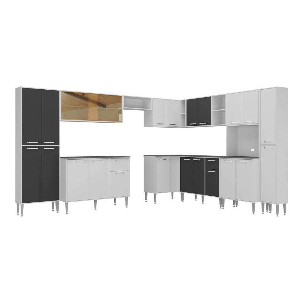 Cozinha Modulada Completa com Armário e Balcão 10 Pçs Siena Multimóveis MP2242 Branca/Preta