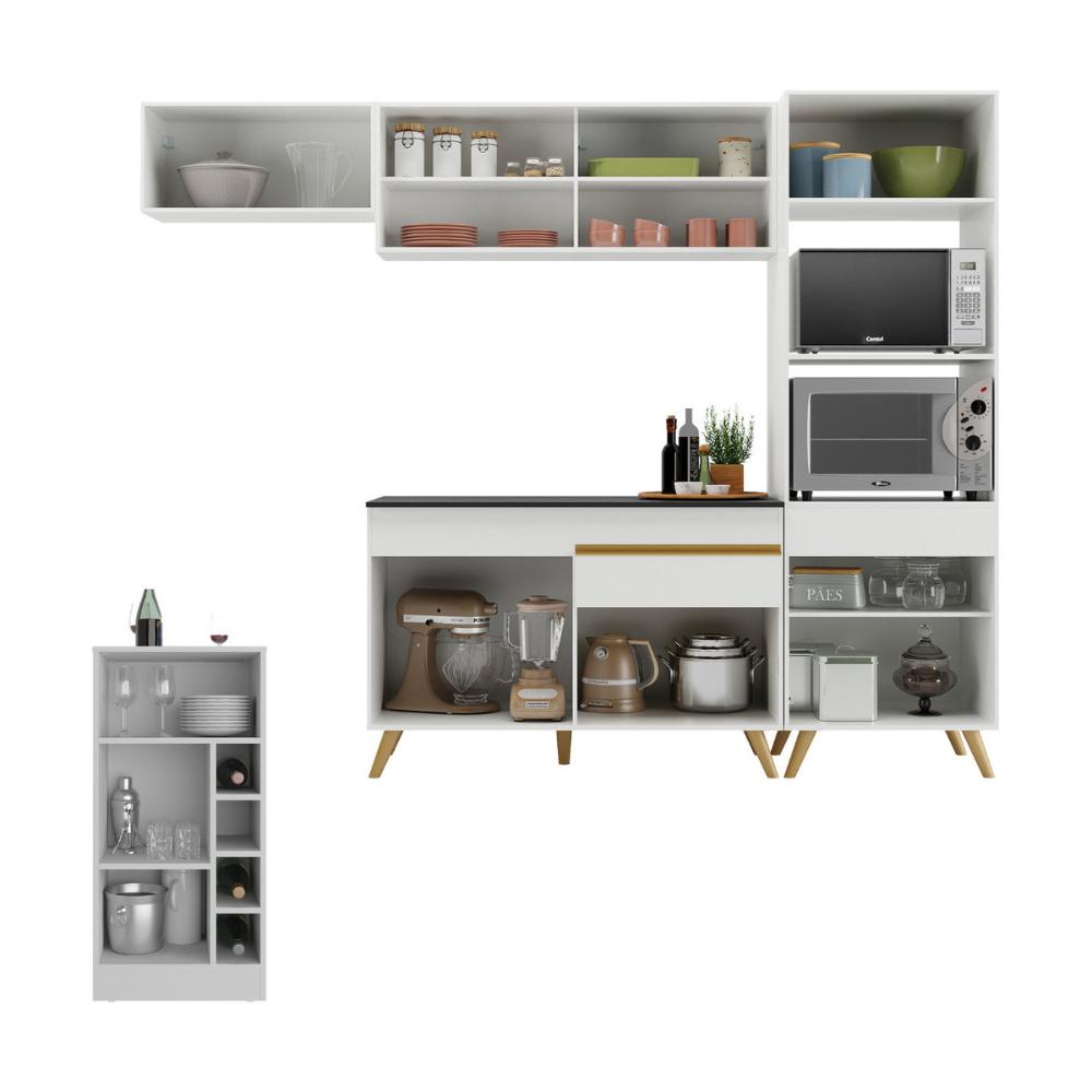 Cozinha Modulada com Bancada Americana Veneza Multimóveis MP2208 Branco/Dourado