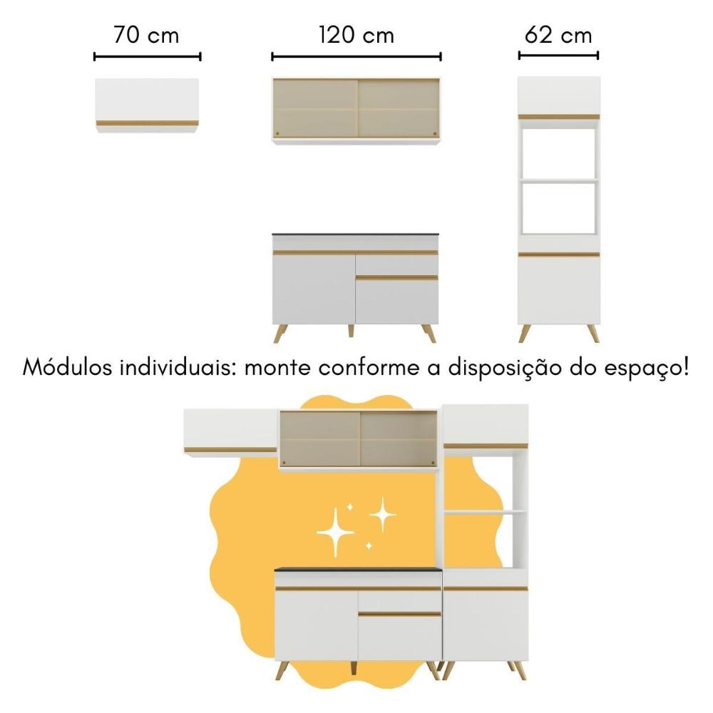 Cozinha Modulada com Bancada Americana Veneza Multimóveis MP2208 Branco/Dourado