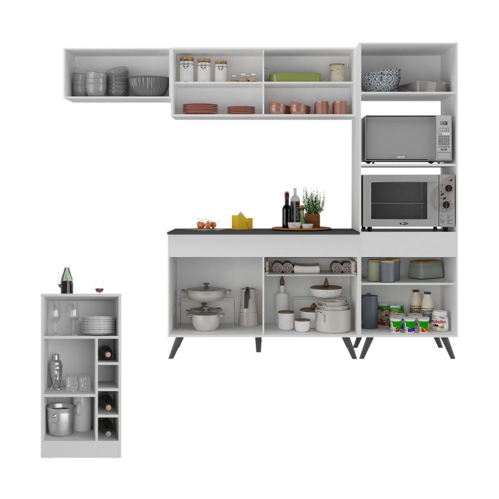 Cozinha Modulada com Bancada Americana Veneza Multimóveis MP2208 Branco/Preto