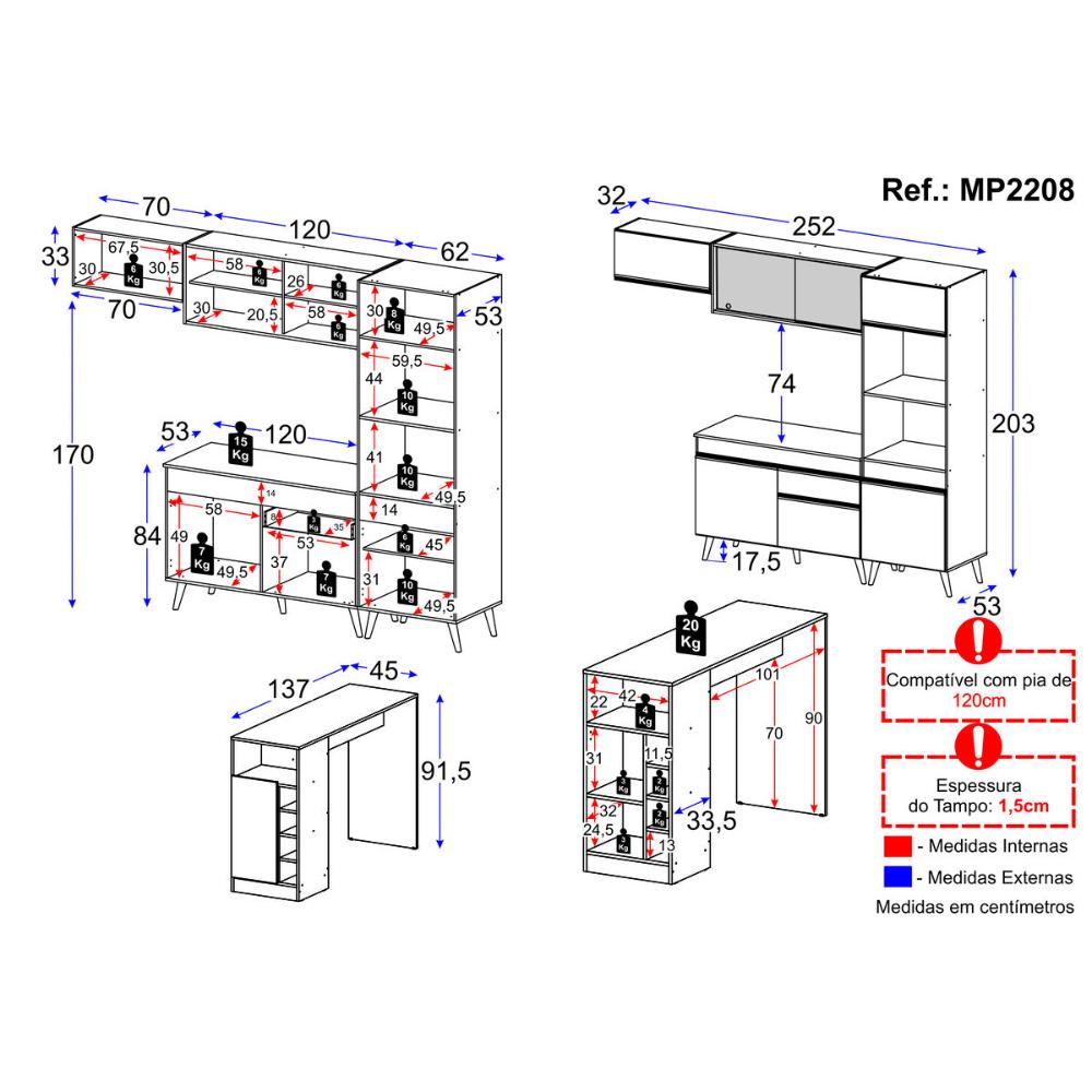 Cozinha Modulada com Bancada Americana Veneza Multimóveis MP2208 Preto