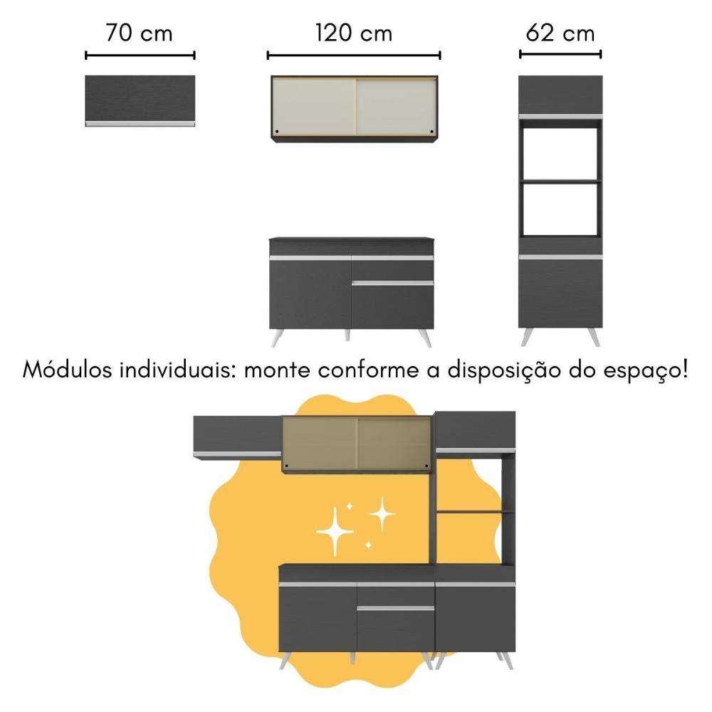 Cozinha Modulada com Bancada Americana Veneza Multimóveis MP2208 Preto/Branco