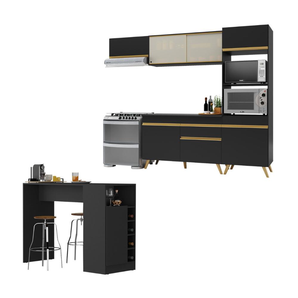 Cozinha Modulada com Bancada Americana Veneza Multimóveis MP2208 Preto/Dourado