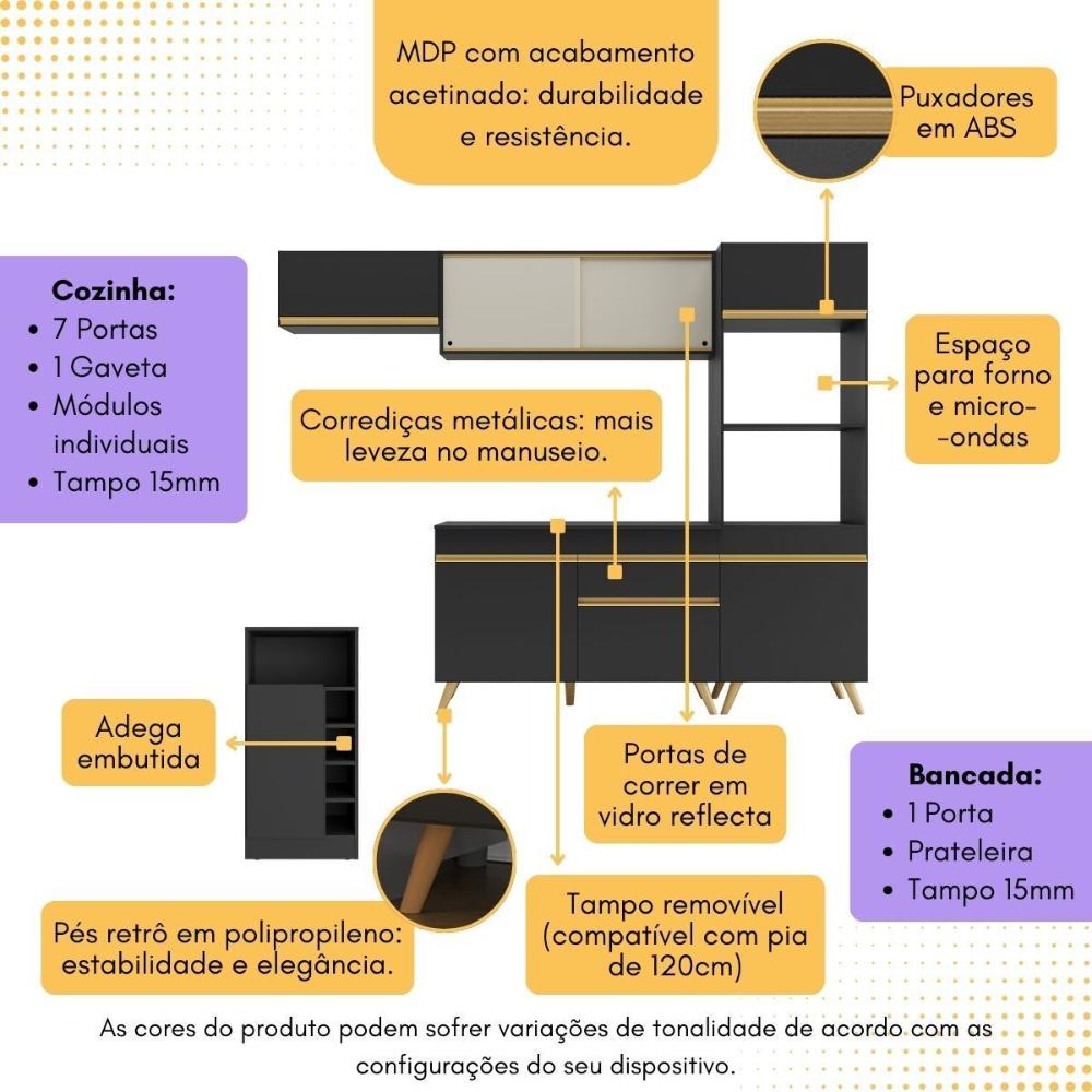 Cozinha Modulada com Bancada Americana Veneza Multimóveis MP2208 Preto/Dourado