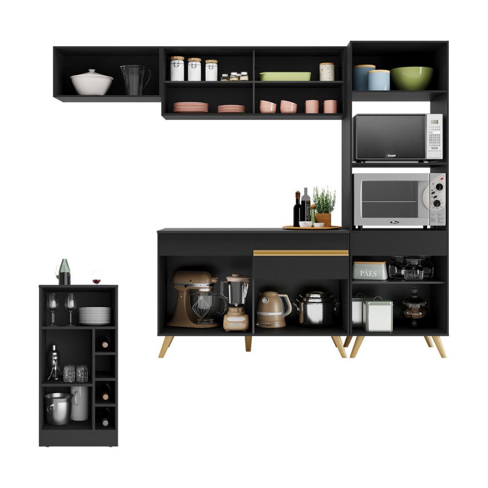 Cozinha Modulada com Bancada Americana Veneza Multimóveis MP2208 Preto/Dourado