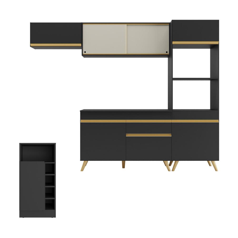 Cozinha Modulada com Bancada Americana Veneza Multimóveis MP2208 Preto/Dourado
