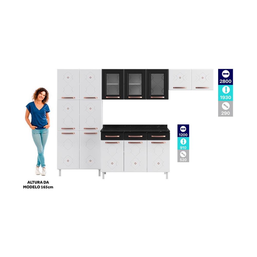 Cozinha de Aço Completa com Balcão Regina Multimóveis Glass CR6140 Branco/Preto