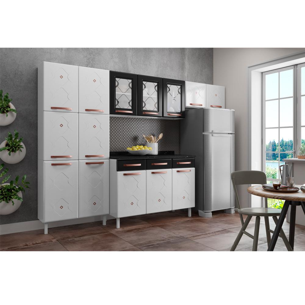 Cozinha de Aço Completa com Balcão Regina Multimóveis Glass CR6140 Branco/Preto