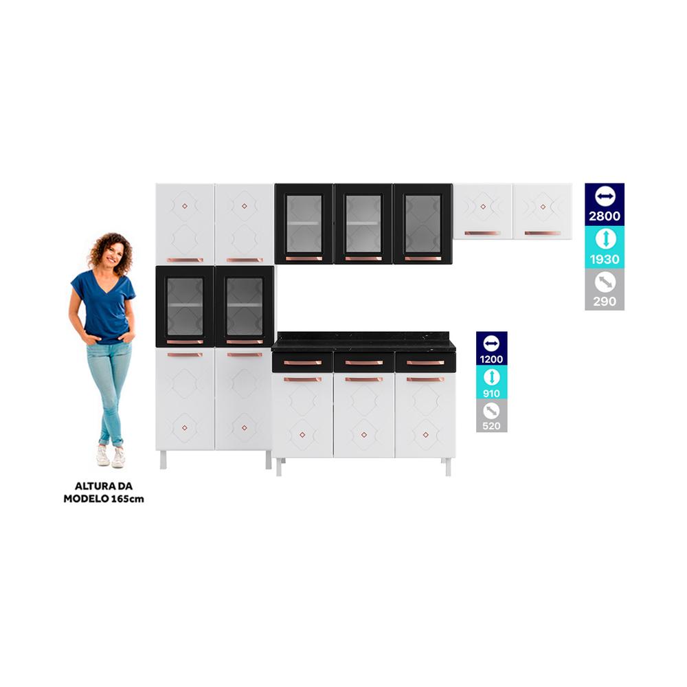 Cozinha de Aço Completa com Balcão Regina Multimóveis Glass CR6142 Branco/Preto