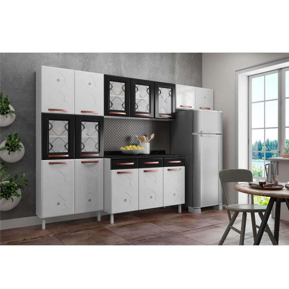 Cozinha de Aço Completa com Balcão Regina Multimóveis Glass CR6142 Branco/Preto