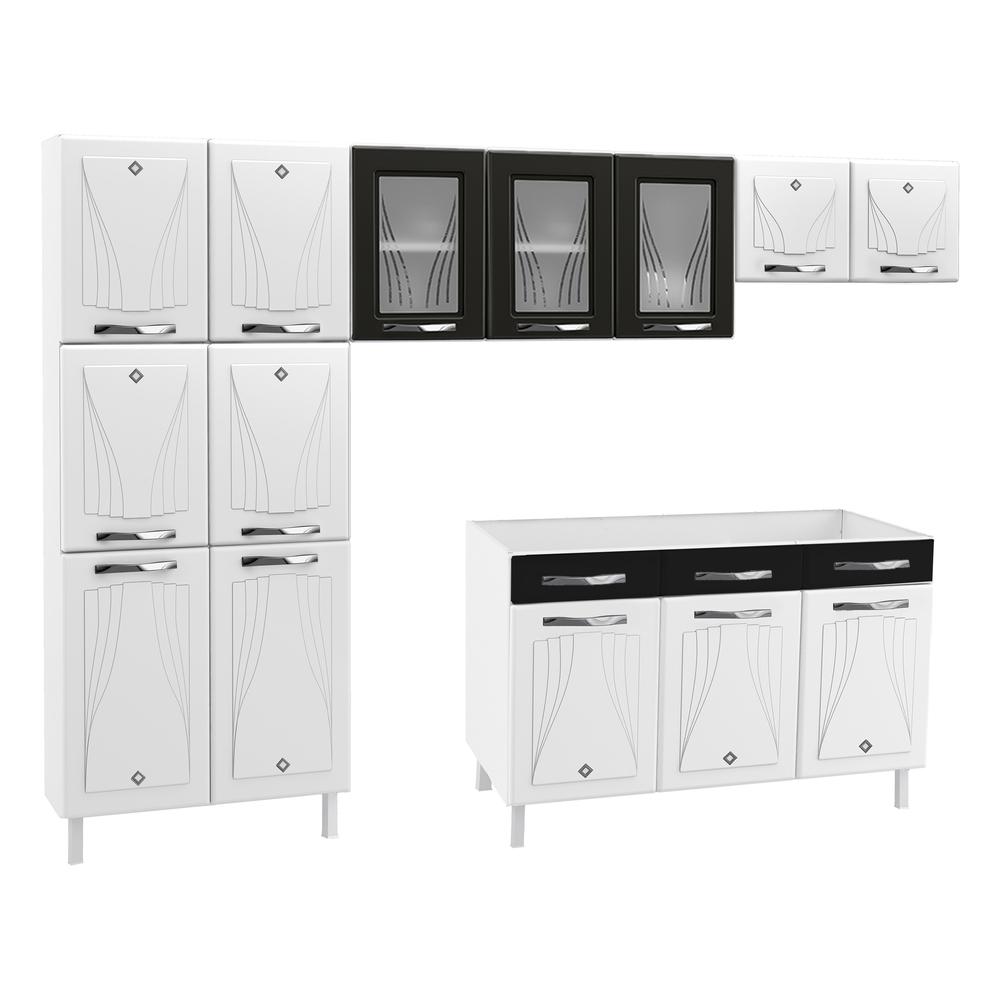 Cozinha de Aço Completa com Balcão para Pia Clara Multimóveis CR6155 Branco/Preto