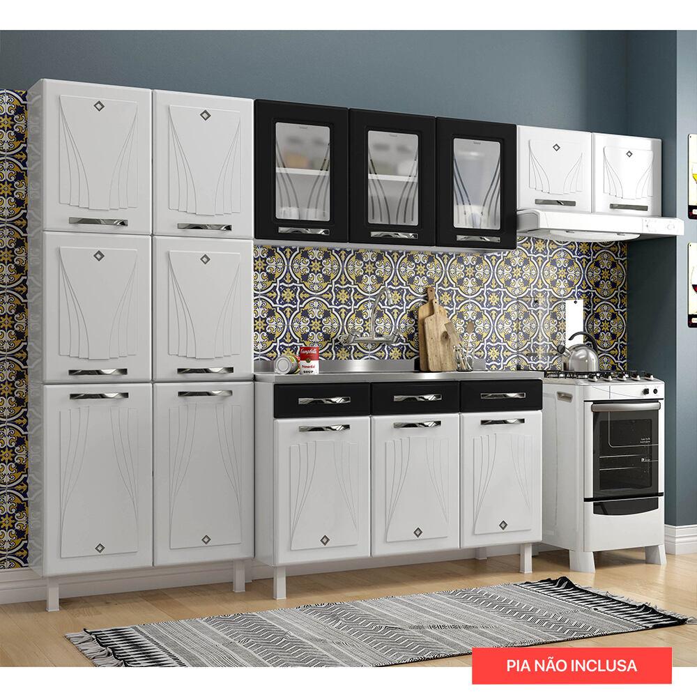 Cozinha de Aço Completa com Balcão para Pia Clara Multimóveis CR6155 Branco/Preto
