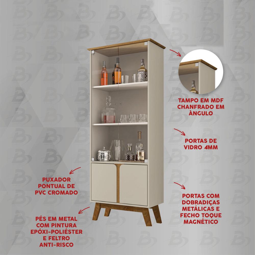 Cristaleira com Vidros e 4 Portas Retrô 70cm Multimóveis CR50109 Off White/Cinamomo