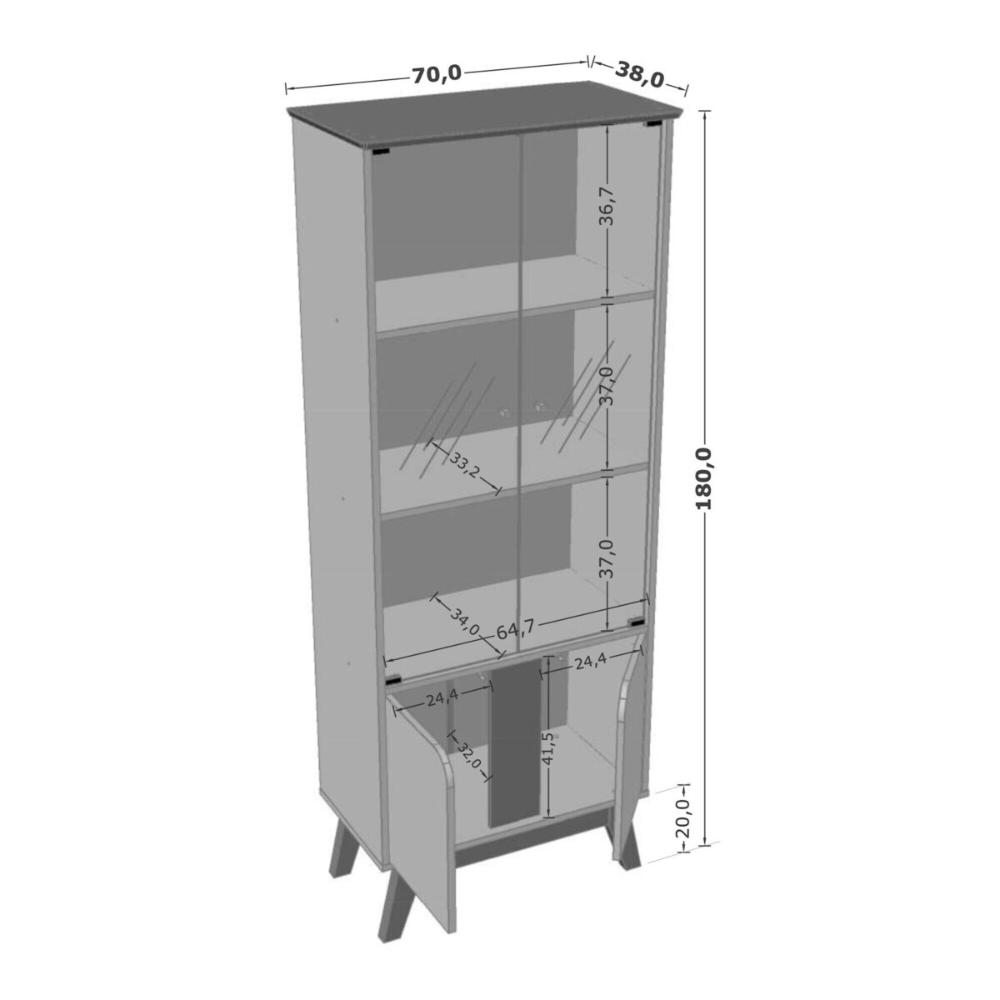 Cristaleira com Vidros e 4 Portas Retrô 70cm Multimóveis CR50109 Off White/Cinamomo