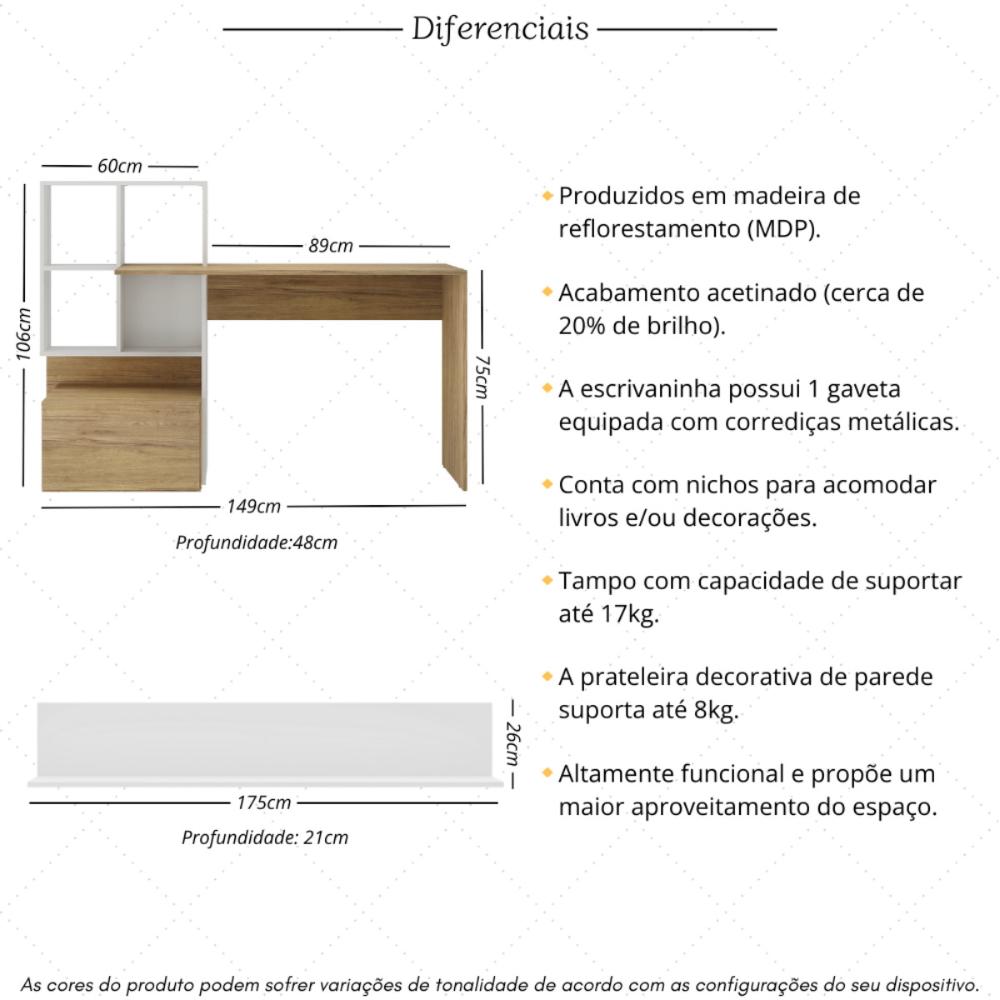 Escrivaninha 1 Gaveta com Prateleira Decorativa Multimóveis MP6028 Branco/Madeirado
