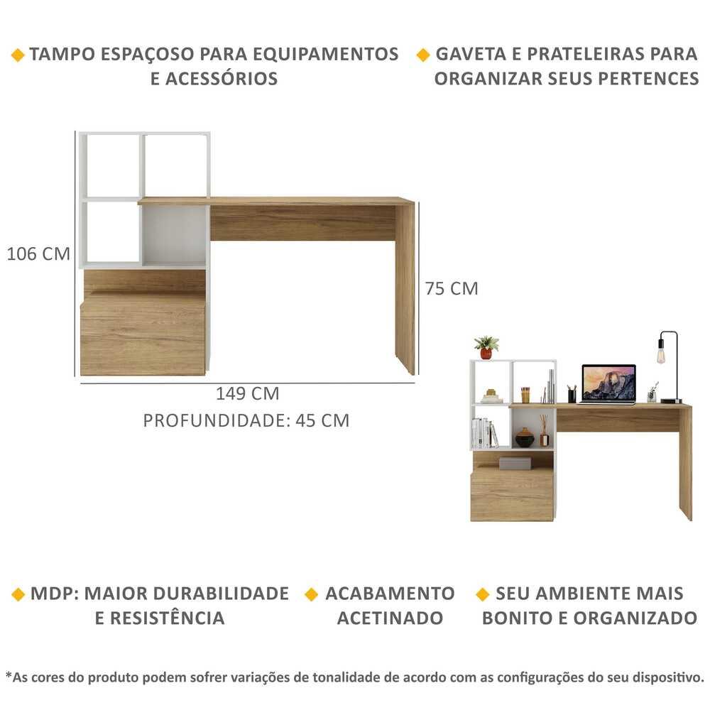 Escrivaninha Mesa para Computador Multimóveis Atlantis FG6003 Branca/Rustic