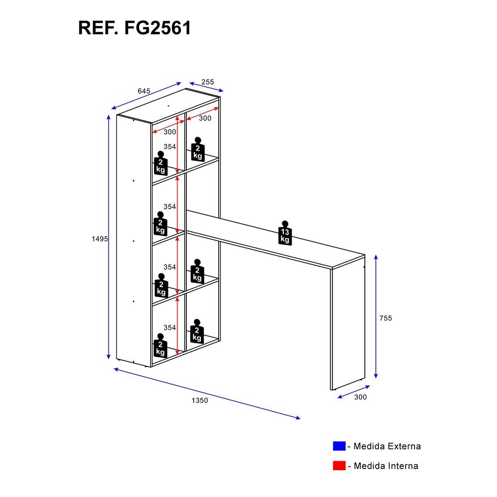 Escrivaninha/Mesa Office com Estante Lateral Multimóveis FG2561 Branca/Lacca Fumê