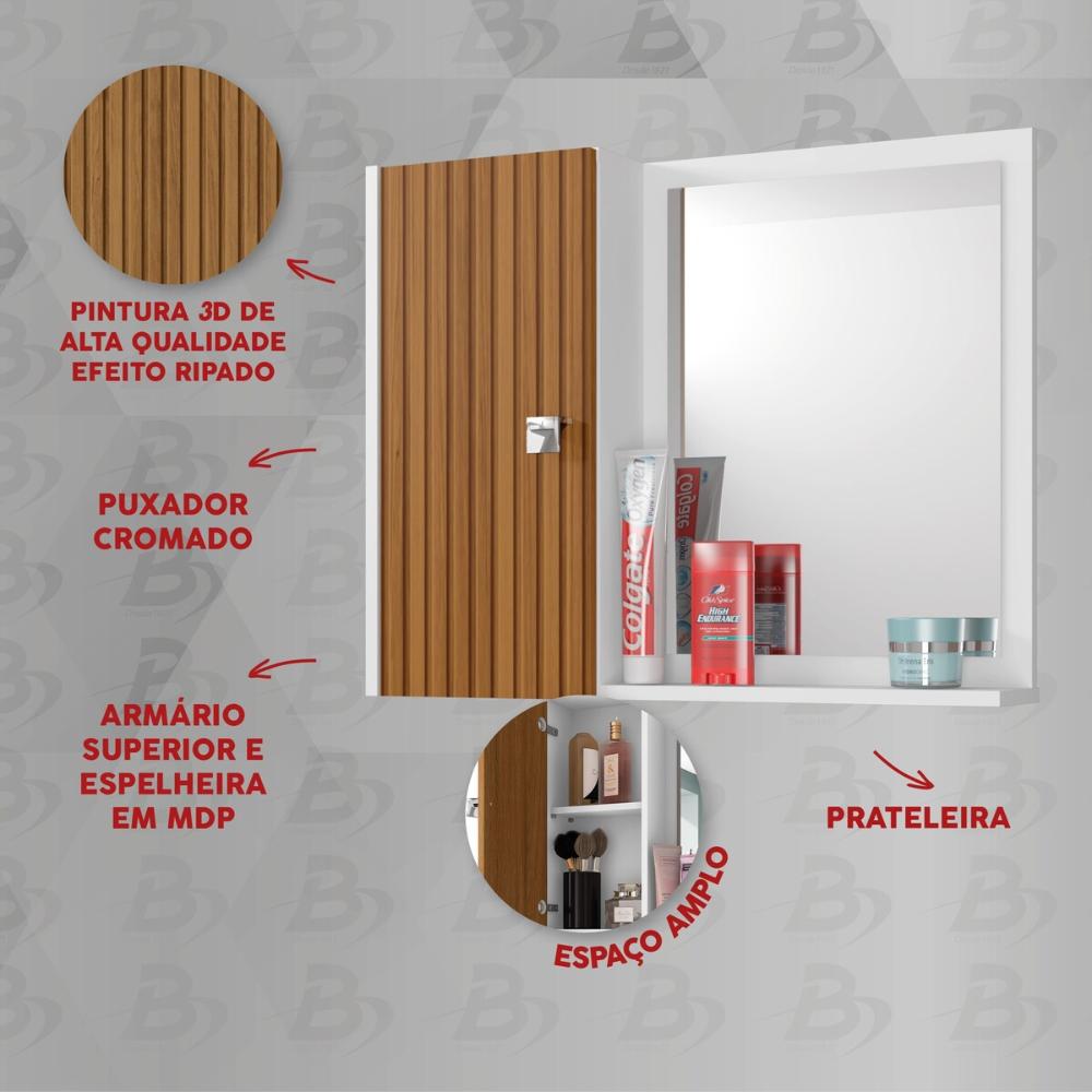 Espelheira para Banheiro com 1 Porta 57,2cm Multimóveis CR10127 Branco/Ripado
