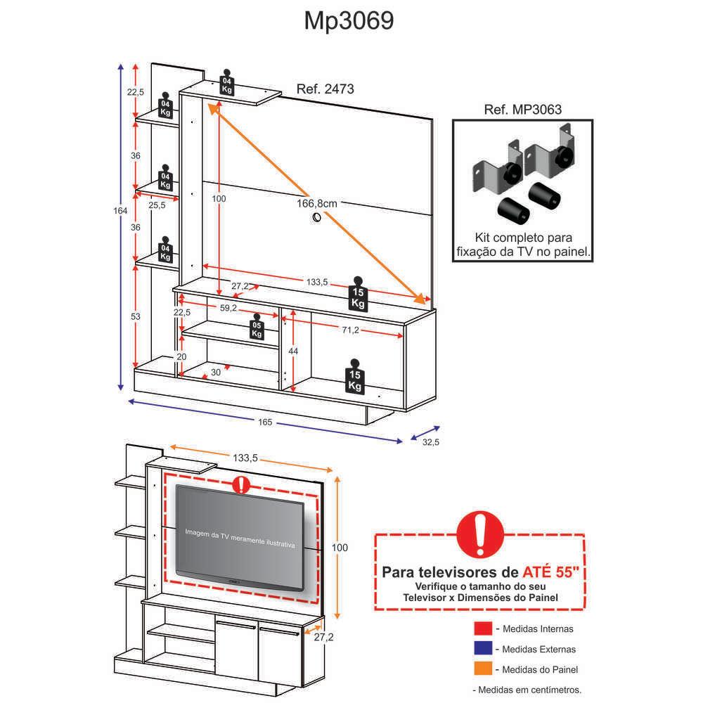 Estante Home Theater com Suporte P/TV até 55'' Denver Multimóveis Branco/Madeirado