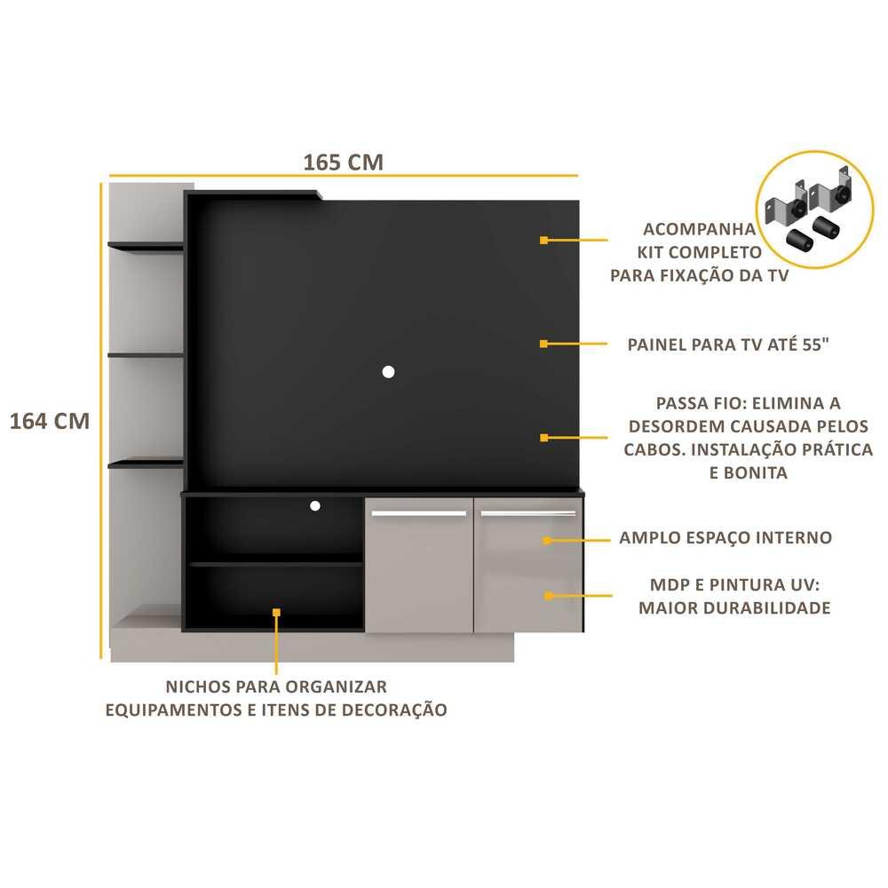 Estante Home Theater com Suporte P/TV até 55'' Denver Multimóveis Preto/Lacca Fumê