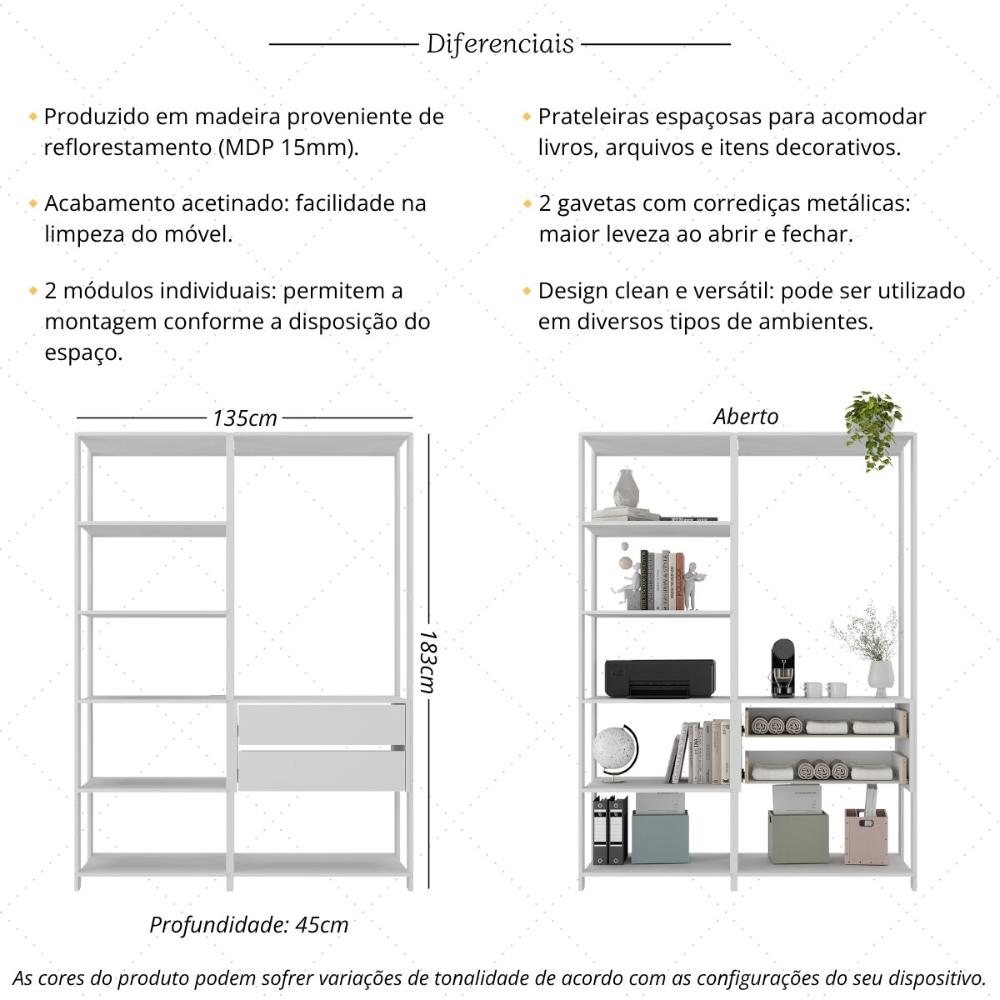 Estante Livreiro Modular 135cm 2 Peças com 2 Gavetas Multimóveis MP6029 Branco