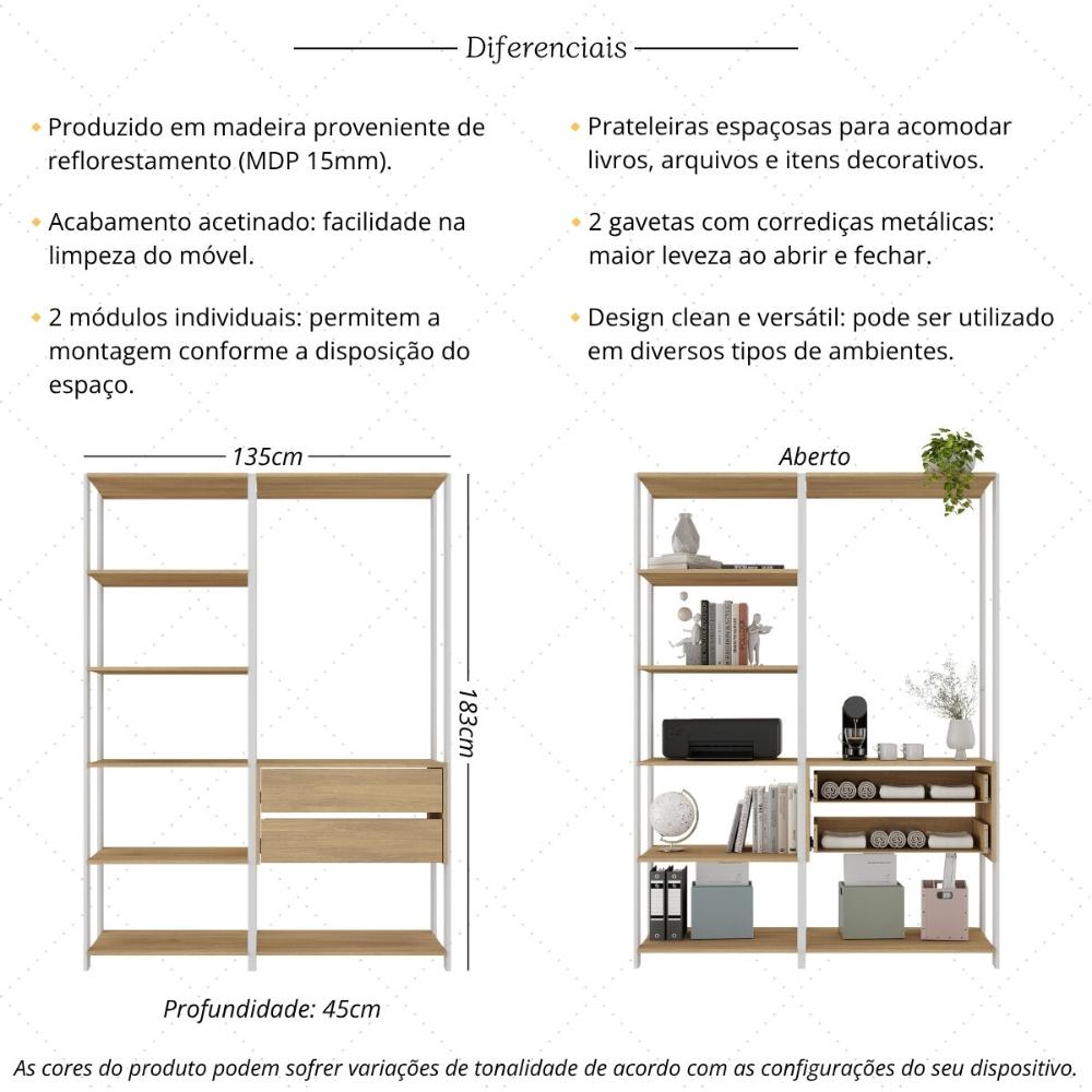 Estante Livreiro Modular 135cm 2 Peças com 2 Gavetas Multimóveis MP6029 Branco/Madeirado