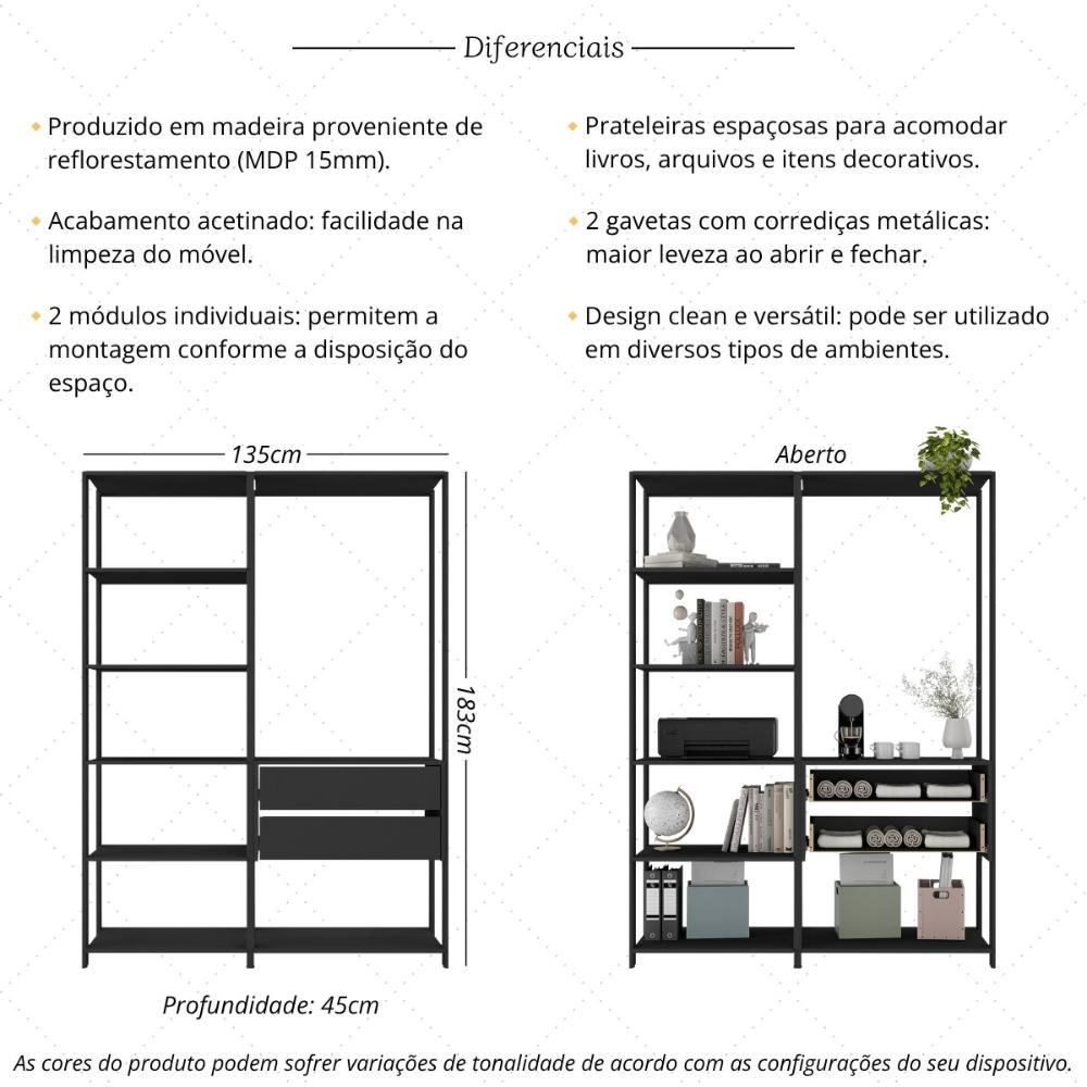 Estante Livreiro Modular 135cm 2 Peças com 2 Gavetas Multimóveis MP6029 Preto