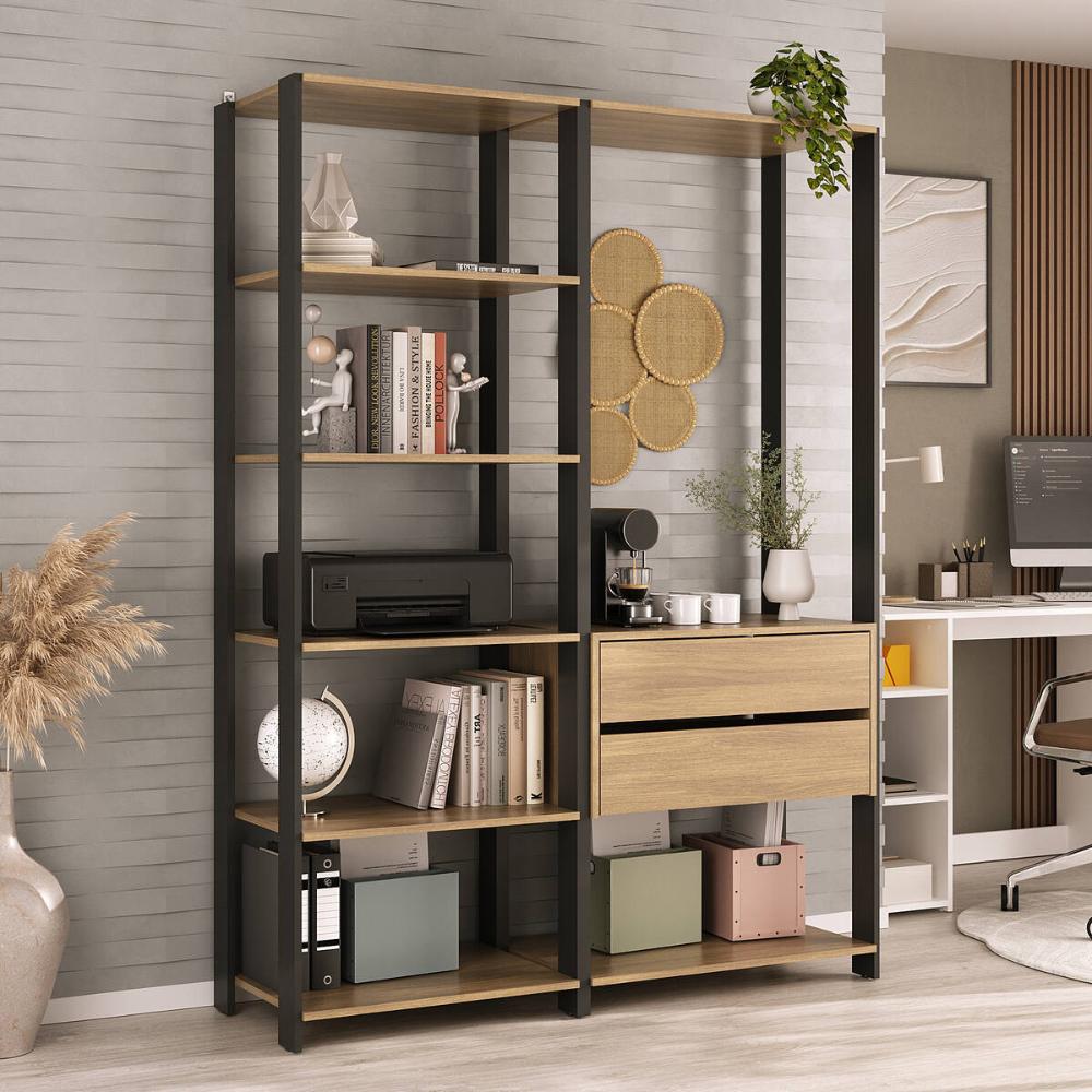 Estante Livreiro Modular 135cm 2 Peças com 2 Gavetas Multimóveis MP6029 Preto/Madeirado