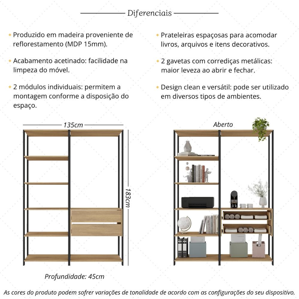 Estante Livreiro Modular 135cm 2 Peças com 2 Gavetas Multimóveis MP6029 Preto/Madeirado
