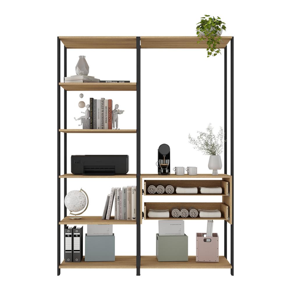 Estante Livreiro Modular 135cm 2 Peças com 2 Gavetas Multimóveis MP6029 Preto/Madeirado