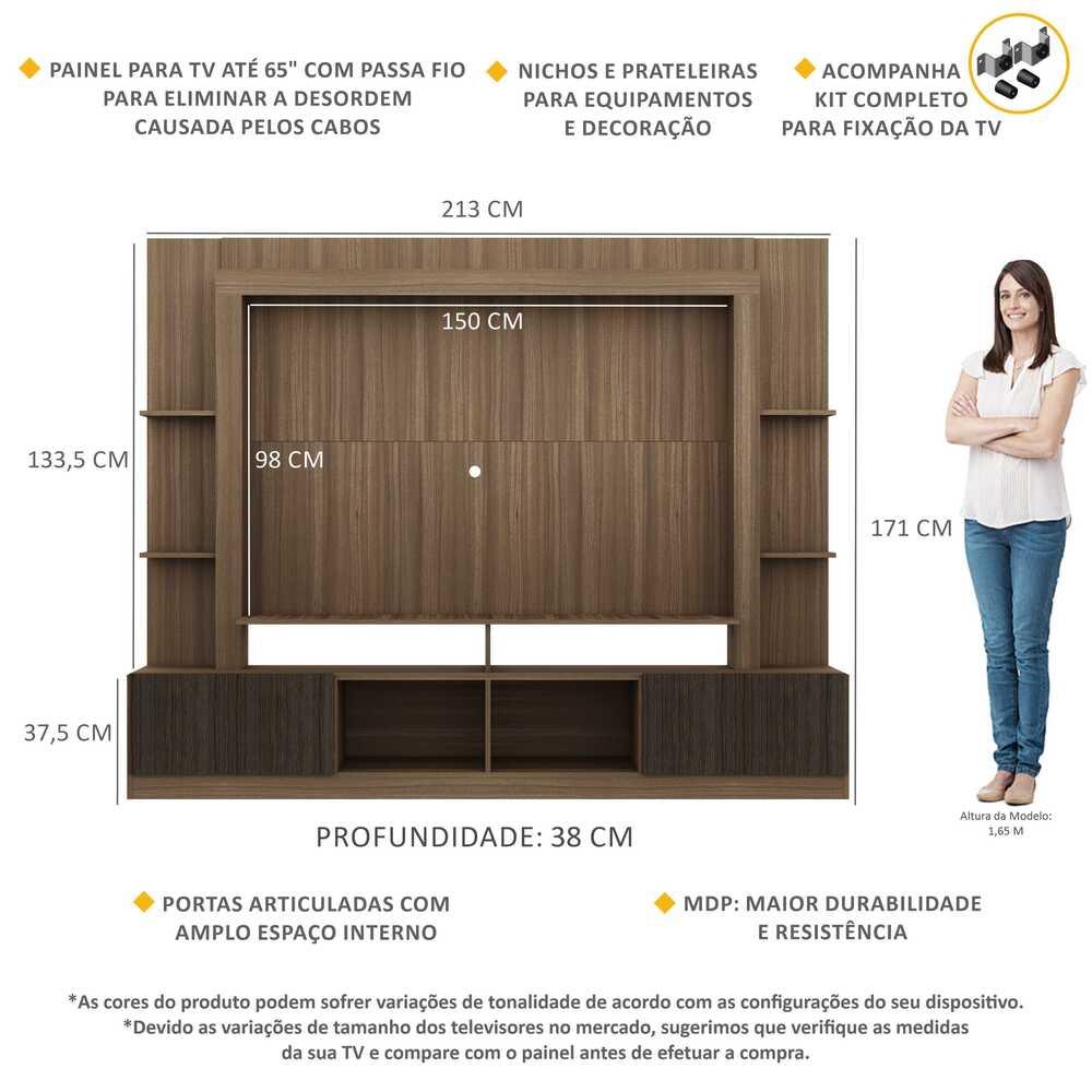 Estante Rack com Painel e Suporte TV 65" Moscou Multimóveis Madeirado/Tenerife