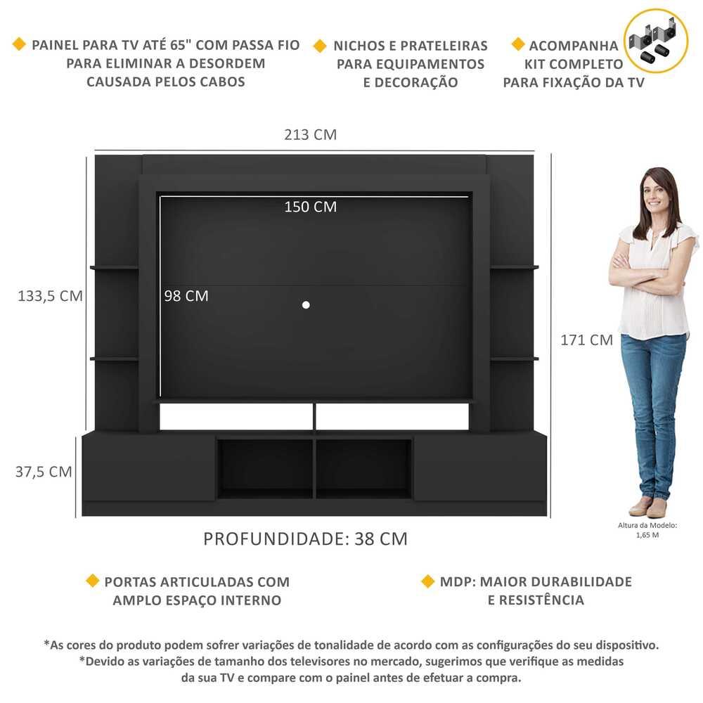 Estante Rack com Painel e Suporte TV 65" Moscou Multimóveis Preto