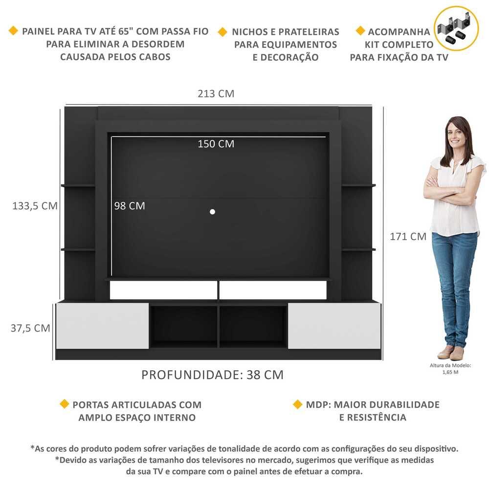 Estante Rack com Painel e Suporte TV 65" Moscou Multimóveis Preto/Branco