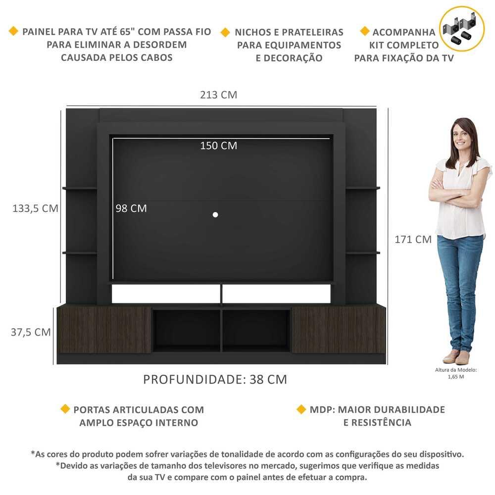 Estante Rack com Painel e Suporte TV 65" Moscou Multimóveis Preto/Tenerife