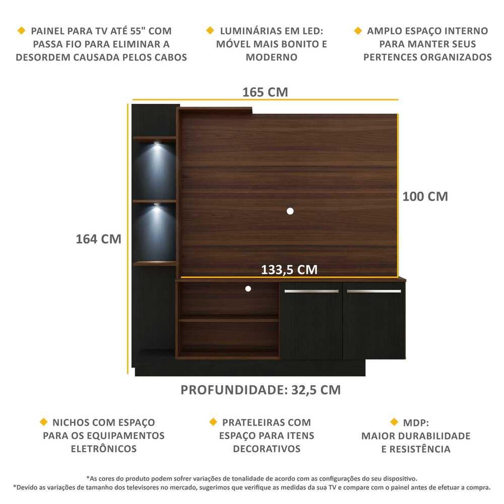 Estante com 2 Leds Painel TV 55" e 2 portas Dallas Multimóveis Madeirado/Preto