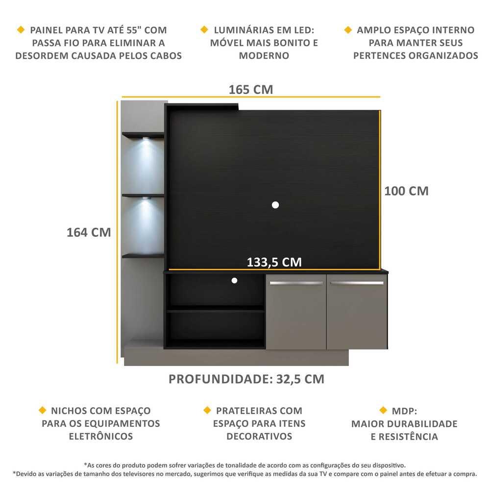 Estante com 2 Leds Painel TV 55" e 2 portas Dallas Multimóveis Preto/Lacca Fumê