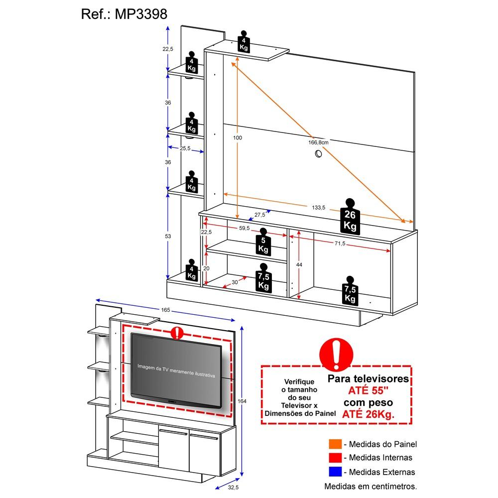 Estante com 2 Leds Painel TV 55" e 2 portas Dallas Multimóveis Preto/Lacca Fumê